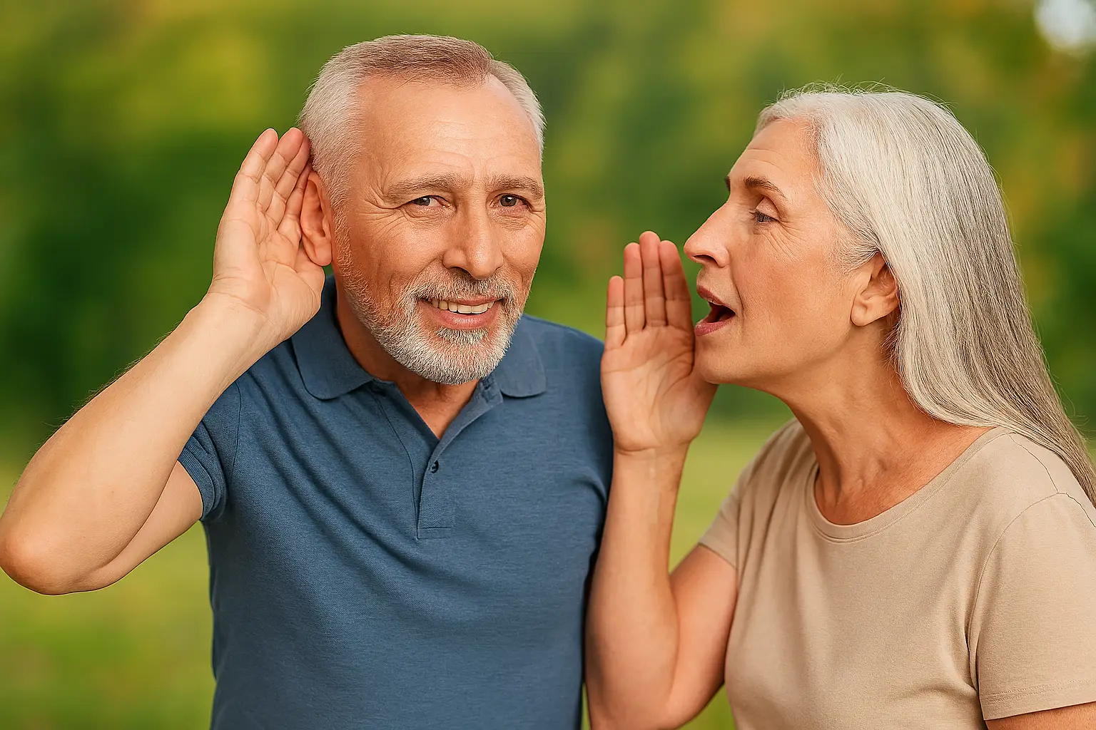 Elderly man cupping his ear while listening to a woman speaking beside him in a park, illustrating how improve hearing through natural connection and attentiveness.